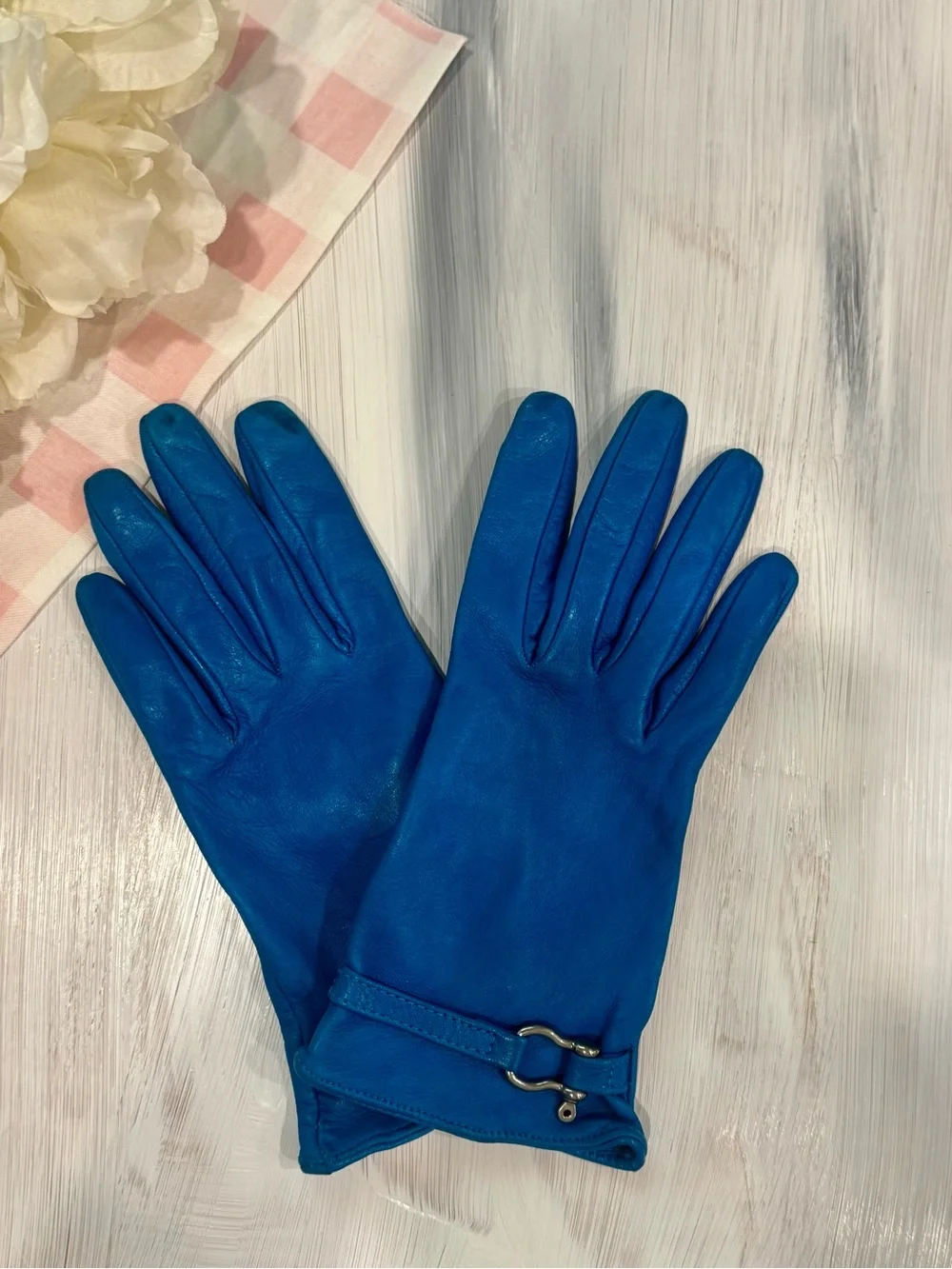 BURBERRY Cobalt Blue Leather and Silk Women's Gloves with Silver Accent